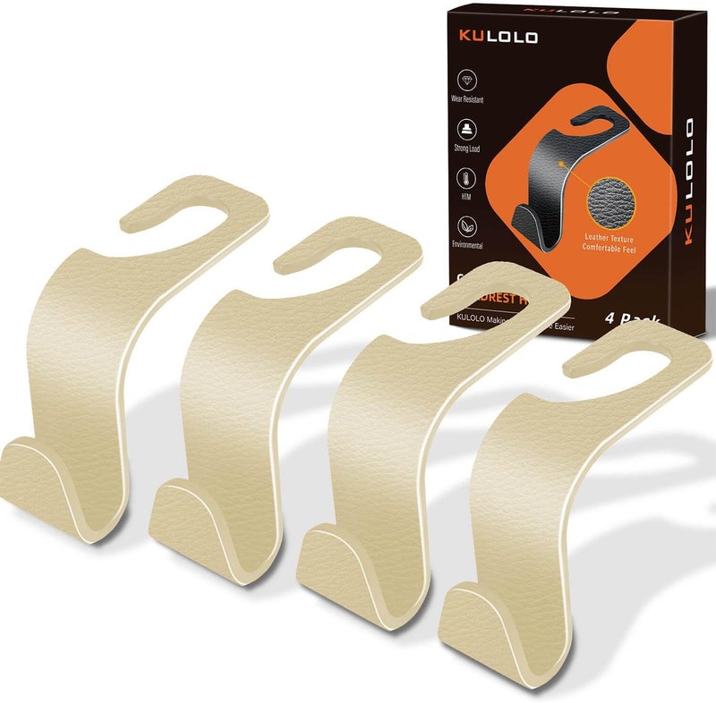KULOLO Car Seat Hooks & Purse Holder - 4 Pack Boxed,55 lb Heavy Duty,Eco PP Car Hooks for Purse/Bag/Baby Gear/Gym Bag/Groceries/Cup/,Fits 0.32-0.55”Car Headrest Rods (Beige-2) - Image 1